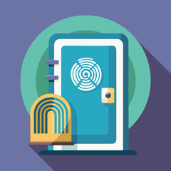 A stylized illustration depicts a blue door with a circular design and a doormat