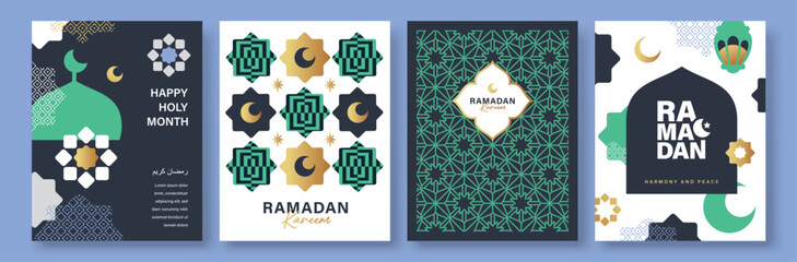 Set of Ramadan Kareem banner, poster, greeting card, cover design with mosque, crescent moon, lantern and typography in flat geometric style.   © LittleWhale