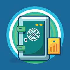 A secure vault door with a lock and data visualization symbolizing data protection