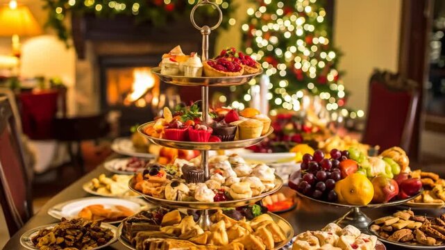 Festive holiday table laden with an assortment of desserts and fresh fruit.