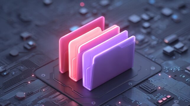 Colorful digital folders on a high-tech microchip background, representing data organization, technology storage, and modern computing solutions. - Powered by Adobe