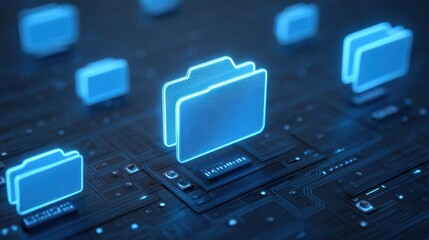 Blue Neon Digital Folders on Circuit Board Background Representing Data Management and File Organization in Modern Technology Environment