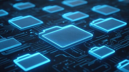 Digital file folders glowing on a circuit board background representing technology, data storage, and modern computing concepts in a futuristic design