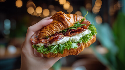 A person is holding a sandwich with bacon and lettuce