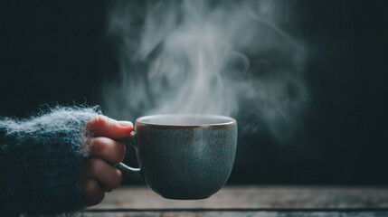 A person holding a mug of coffee with steam coming out of it