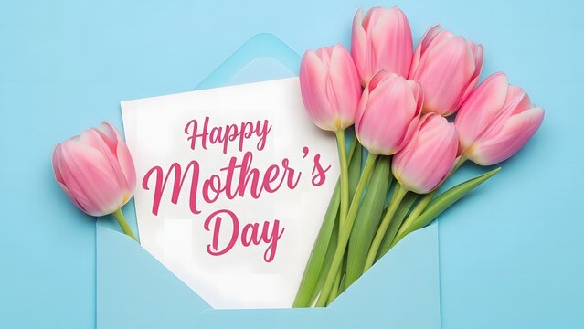 Happy mother's day wishes with beautiful pink tulips and greeting card
