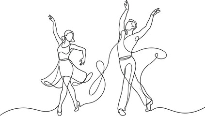 Fototapeta premium Continuous one line drawing of a man and woman dancing with ribbons in a minimalist style for performance and artistic expression.