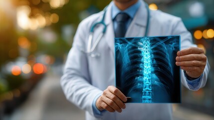 Doctor holding spine x-ray in outdoor medical setting