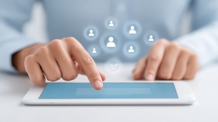 Person Using Tablet with User Interface Icons to Represent Digital Connection and Communication in Modern Technology Environment