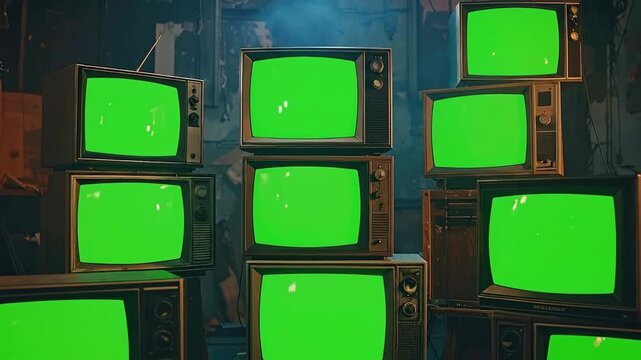 Pile of vintage television sets with green screens stacked in a cluttered room.