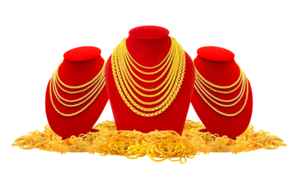 Gold necklaces on necklace display red colour stand isolated on white background.