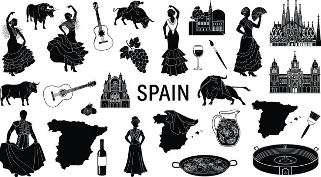 Spain culture silhouettes set with flamenco dancer bull guitar wine landmarks icons collection for travel tourism infographic, black vector illustration isolated white background