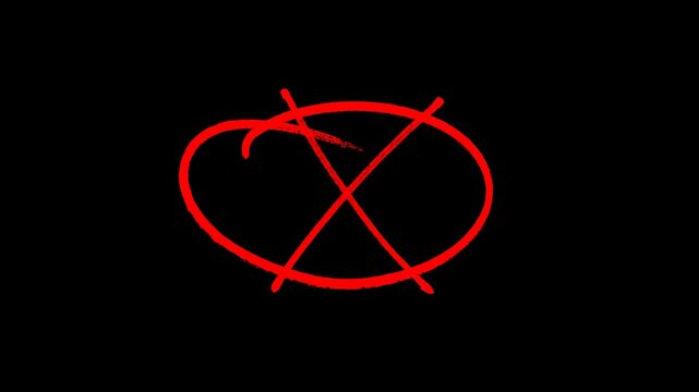 Minimalist red error sign with a hand painted X and oval frame representing wrong answers cancellation and restricted access in creative video.
