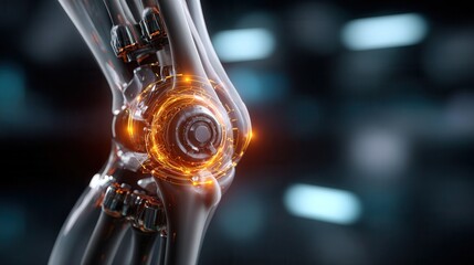 Close-up of robotic knee joint with glowing orange lights
