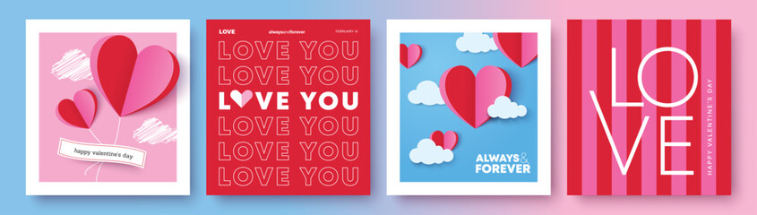 Set of Valentine's Day poster, greeting card, cover, label, sale promotion templates with modern paper cut style and typography design.   © LittleWhale