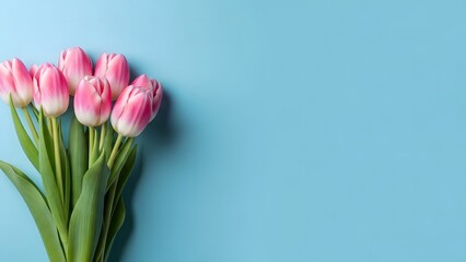 Fototapeta premium Happy mother's day pink tulips bouquet on blue background gift idea