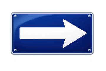 Blue rectangular road sign featuring a white arrow pointing right, indicating a one way street or directing traffic flow