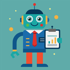 A cheerful cartoon robot diligently presents data analysis on a clipboard illustration
