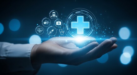 Illuminated digital medical cross icon floating above a caring open hand symbolizing healthcare technology.