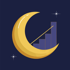 A golden crescent moon illuminating a rising bar graph against a dark blue background