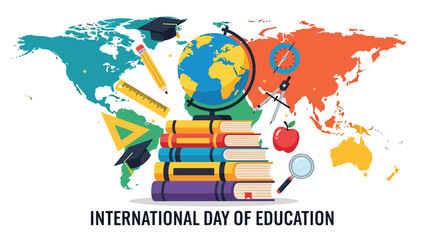International Day of Education vector banner featuring globe on books stack with learning icons and world map background, clean modern illustration for global education promotion and events