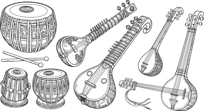 Hand drawn Indian classical musical instruments vector set, featuring tabla sitar veena tanpura sarod in detailed vintage engraving style illustration for cultural design projects