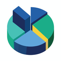 Isometric pie chart displaying proportional data segments in blue green and yellow