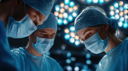 Focused surgeons in blue scrubs and masks in operating room