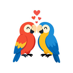 Adorable cartoon parrots demonstrating affection with floating hearts, symbolizing love