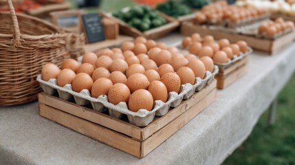 Fresh Organic Eggs Displayed on Wooden Crates at a Local Farmers Market Surrounded by Fresh Produce and Natural Ingredients in a Rustic Setting