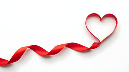 A festive red satin ribbon shaped into a heart creates a romantic bow design for a Valentine, Christmas, or birthday gift card symbol of love and celebration