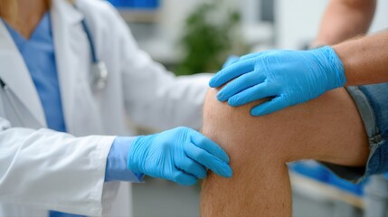 Doctor examining patient's knee in a medical setting