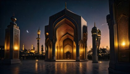 Nighttime Mosque Architecture Illuminated with Golden Lights and Reflections.