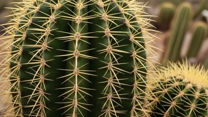Cactus CloseUp Golden Spines on Green Succulent Beauty.