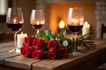A romantic evening setup with a bouquet of vibrant roses, flickering candlelight, and two glasses of red wine