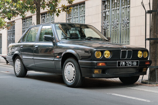 San Sebastian, Spain-September 20, 2025: BMW 3 Series (E30) four-door sedan (Second generation of BMW 3 Series)