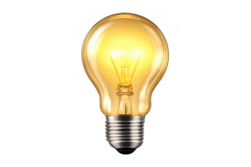 Light bulb glowing radiating yellow light transparent background representing idea innovation and inspiration