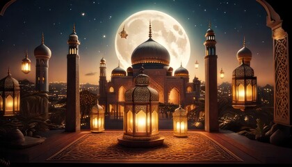 Nighttime Mosque with Lanterns and Moon, Islamic Architecture.