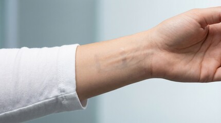 Embedded data chip on wrist of person in casual white shirt  