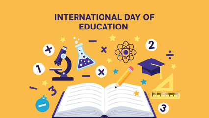 International Day of Education poster with open book and floating education icons, numbers, and stars, playful flat vector design celebrating creativity and knowledge development