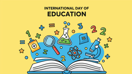 International Day of Education poster with open book and floating education icons, numbers, and stars, playful flat vector design celebrating creativity and knowledge development