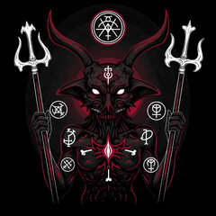 Baphomet figure holding tridents with occult symbols in a dark, dramatic style against a black background