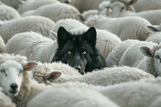 Hyperrealistic black wolf among sheep in a den
