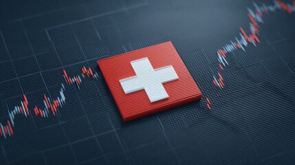 Swiss Flag Symbol on Financial Chart Background Representing Economy and Market Trends with Digital Graphs and Data Analysis Elements