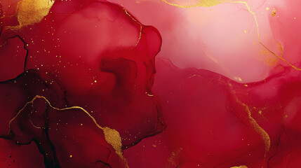 Abstract red and gold alcohol ink background with flowing textures and marbled patterns, creating a luxurious, vibrant, and artistic visual effect.
