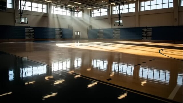 Sunbeams illuminate empty gymnasium floor with reflections.