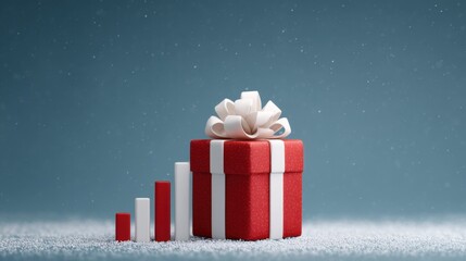 Festive Red Gift Box with Bow and Rising Bar Graph Illustrating Growth Concept Under Gentle Snowfall Against a Blue Background