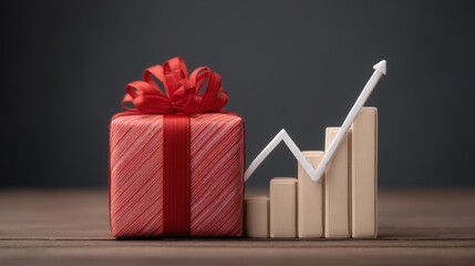 Business Growth Concept with a Gift Box and Rising Bar Chart Symbolizing Success, Celebration, and Achievements in a Professional Environment