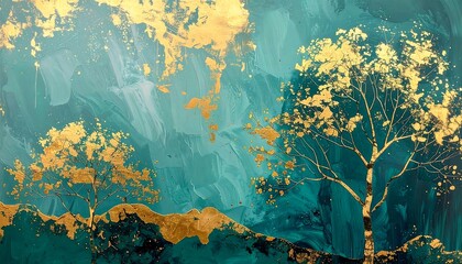 Abstract Golden Trees on Teal Textured Background.