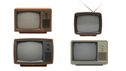Four vintage television sets isolated on a black background, various styles, and colors, with blank screens